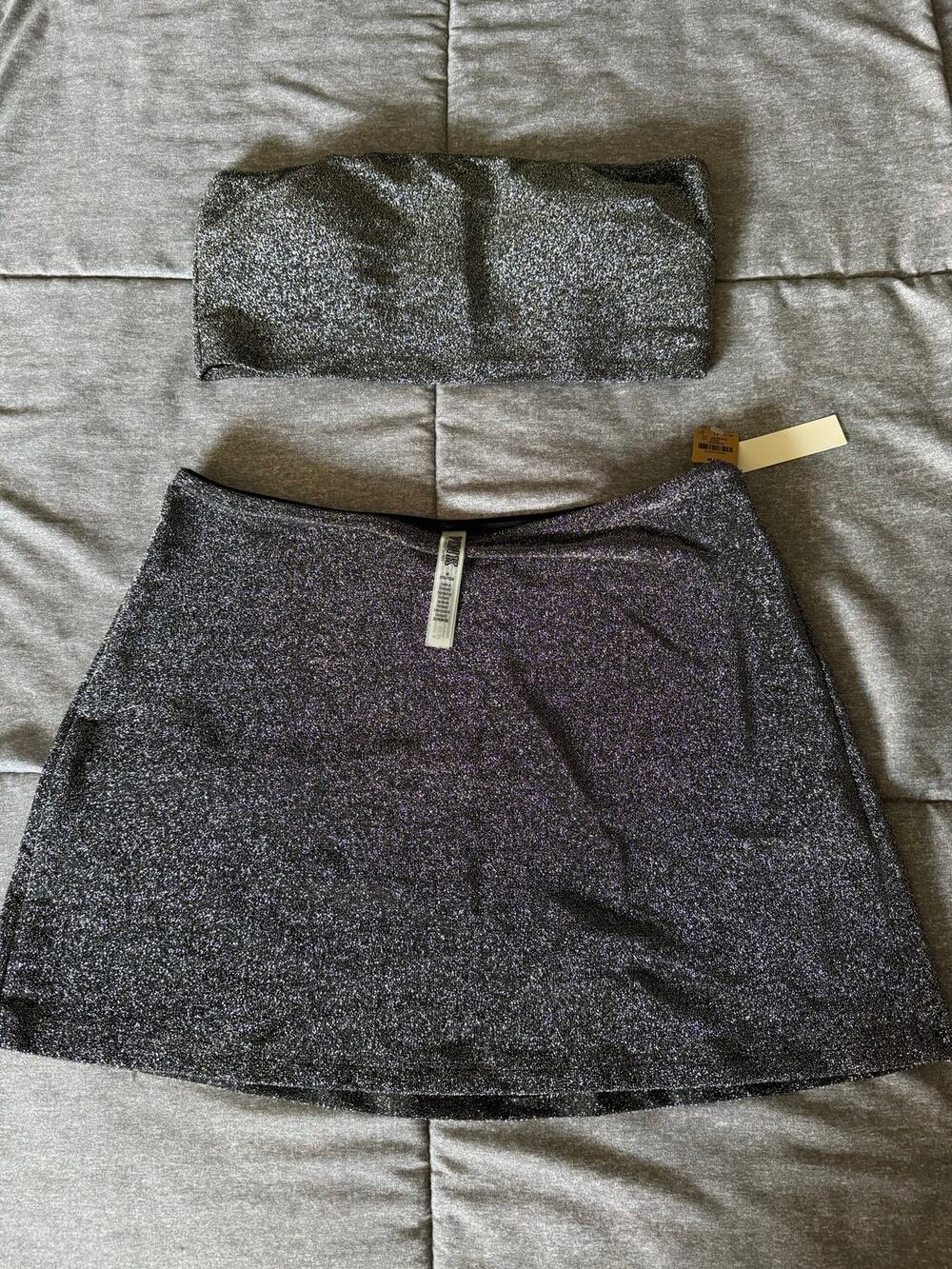 Victoria’s Secret PINK Two‑Piece Set – Bandeau Top & Mini Skirt – Silver Glitter
